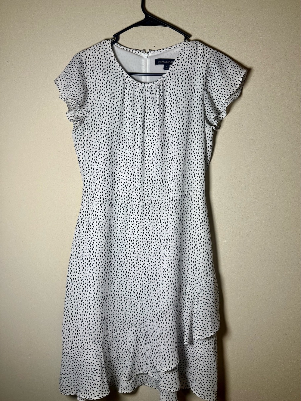 Banana Republic White Polka Dot Flutter Sleeve Ruffle Hem Fit & Flare Dress